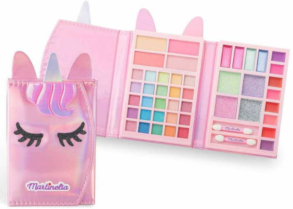 Aquarius MARTINELIA Little Unicorn kosmetikos rinkinys Travel Wallet, 25 akių šešėliai, 4 skaistalai, 8 blizgantys kremai, 8 lūpų blizgesiai, 2 aplikatoriai