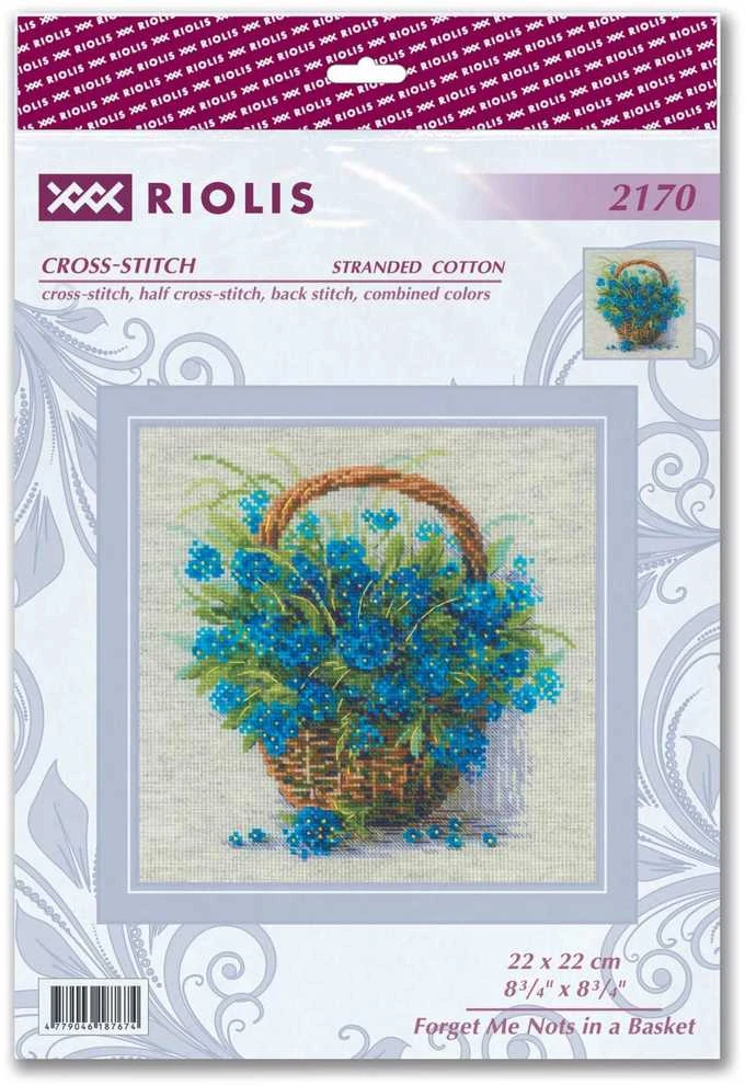 Riolis Kryželiu siuvinėjimo rinkinys "Neužmirštuolės krepšelyje" 22x22 cm SR2170