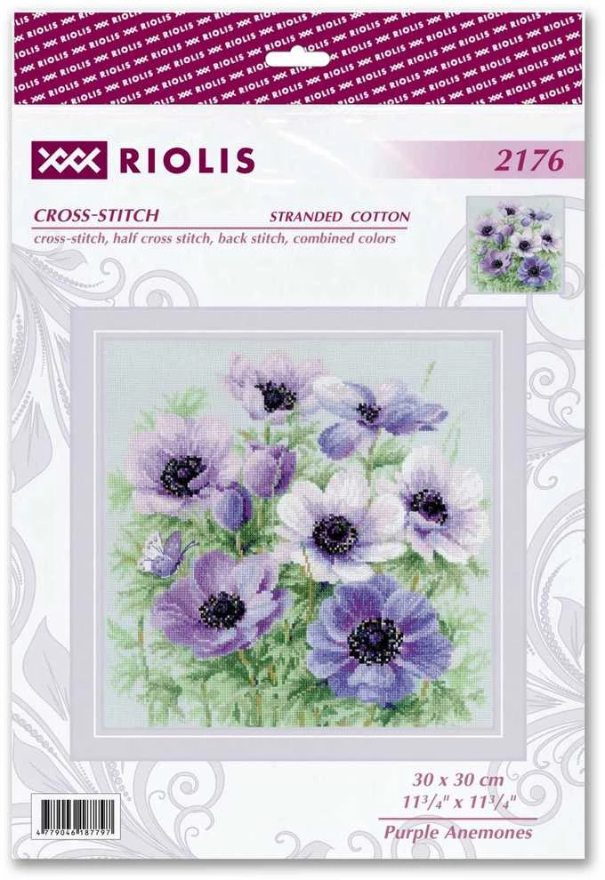 Riolis Kryželiu siuvinėjimo rinkinys "Violetiniai flioksiniai gvazdikai" 30x30 SR2176