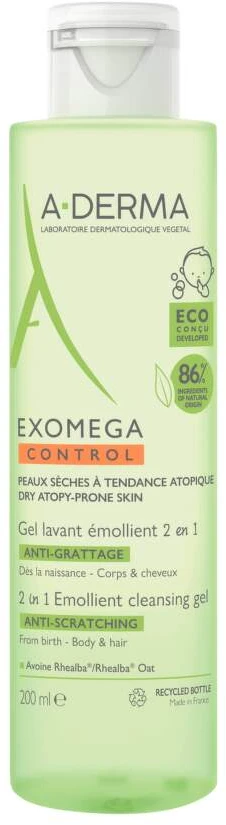 A-Derma Exomega Control minkštinamasis valomasis gelis 2 viename, 200 ml