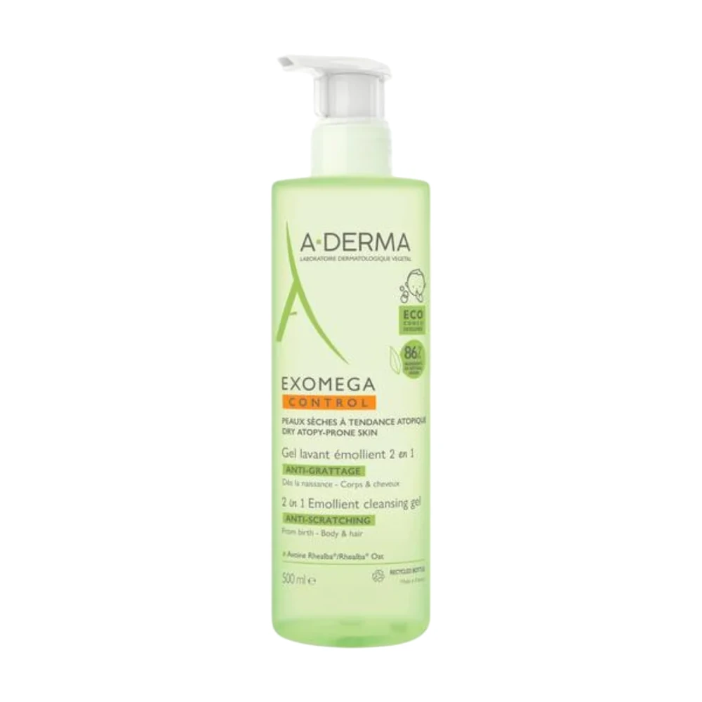 A-Derma Exomega Control Emolient 2in1 valomasis gelis kūnui ir plaukams, 500 ml