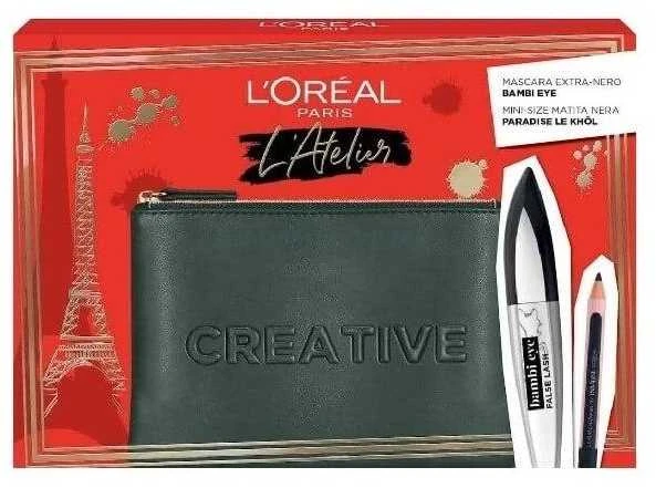 Atelier Kit Set L'Oreal Paris: Bambi Eye Lash Defining Blakstienų tušas Extra Juodas 8.9 ml + Paradise Kajal Eye Pieštukas 1.2 g + Textile Makeup Bag Juodas