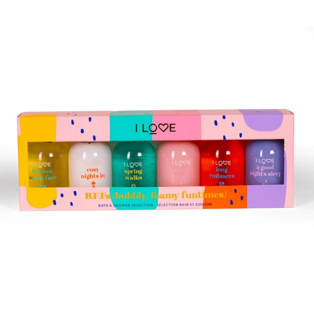 I Love „Bubbly Foamy Funtimes“ rinkinys, kurį dievinu: „Long Embraces Hydrating“ dušo želė visiems odos tipams, 100 ml + „Sweet Treats Hydrating“ dušo želė visiems odos tipams, 100 ml + „Springs Walks Hydrating“ dušo želė visiems odos tipams, 100 ml + „The Sun On My Face Hydrating“