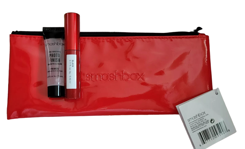 Deluxe Trial Size Set Smashbox: Super Fan Volumizing Blakstienų tušas Juodas, 5 ml + Photo Finish Smoothing Liquid Primer 7.1 ml + Textile Makeup Bag Raudona