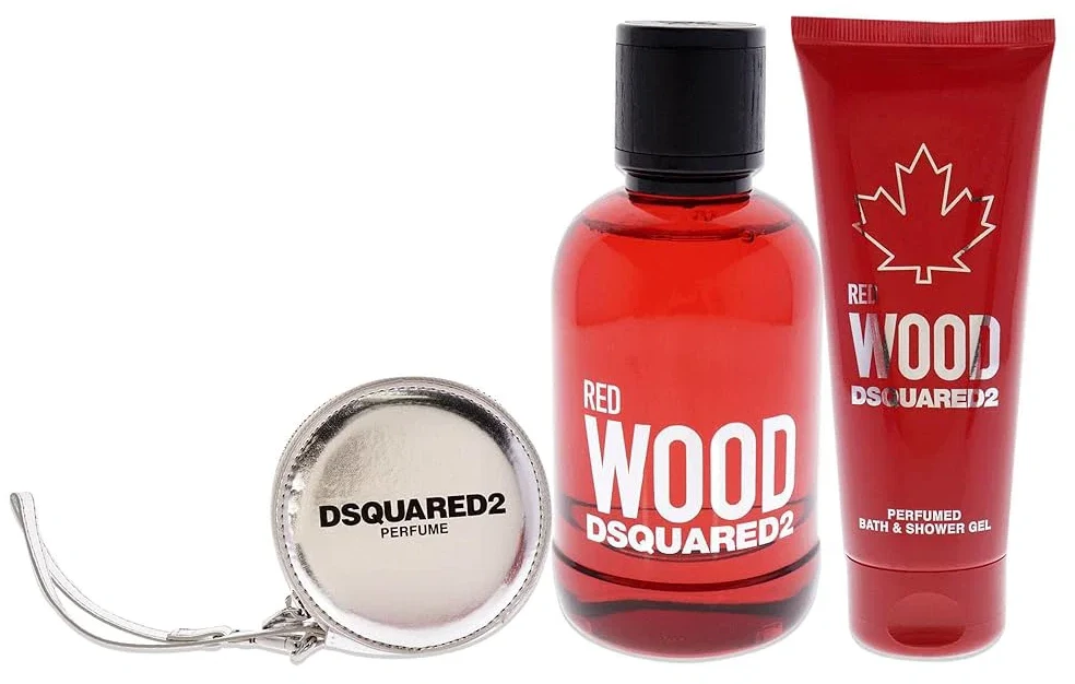 Rinkinys moterims Dsquared2 Red Wood: EDT, 100 ml + dušo želė, 100 ml + piniginė