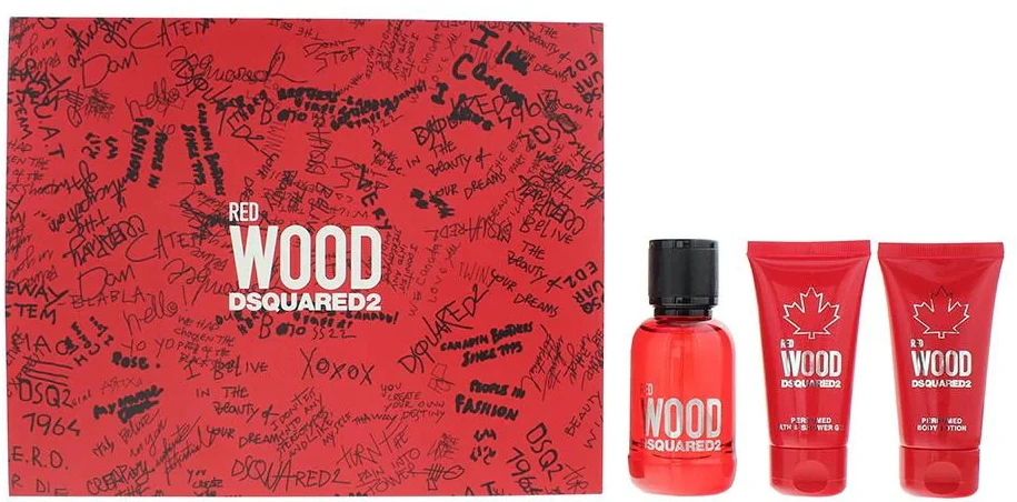 Dsquared2 rinkinys Dsquared 2: Raudona Wood tualetinis vanduo moterims, 50 ml + Raudona Wood dušo želė ir šampūnas 2-in-1, 50 ml + Raudona Wood kūno losjonas, 50 ml