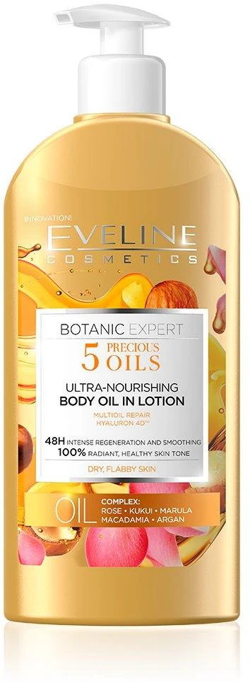 Eveline Cosmetics Eveline Botanic Expert 5 Oils Ultra-maitininantis kūno aliejus su losjonu, 350 ml