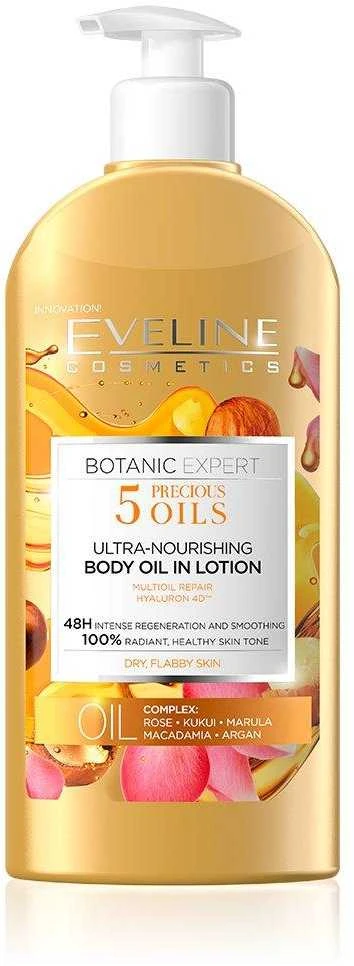 Eveline Cosmetics Eveline Botanic Expert 5 Oils Ultra-maitininantis kūno aliejus su losjonu, 350 ml