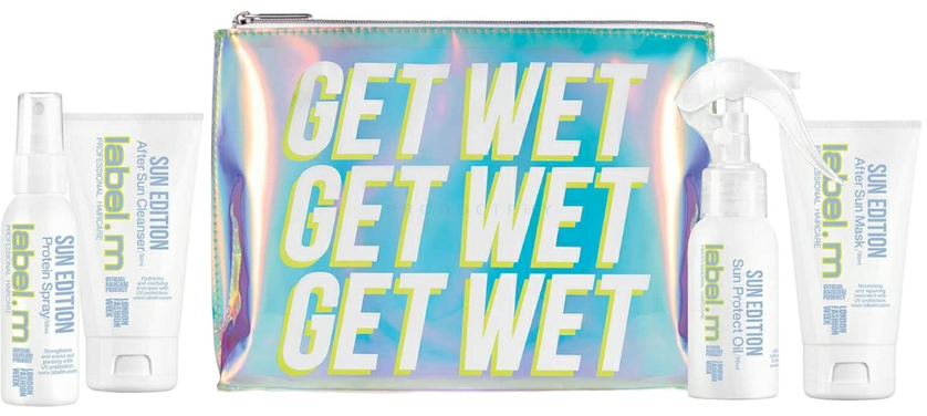 Label.M „Get Wet Sun Edition“ rinkinys. M: „Sun Editon“ UV filtro plaukų lakas stiprinimui, 50 ml + „Sun Editon“ plaukų aliejus su UV filtru, atgaivinantis spindesį ir atkuriantis spindesį, 60 ml + „Sun Editon“ plaukų šampūnas drėkinimui, 60 ml + „Sun Editon“ plaukų šampūnas su UV filtru.