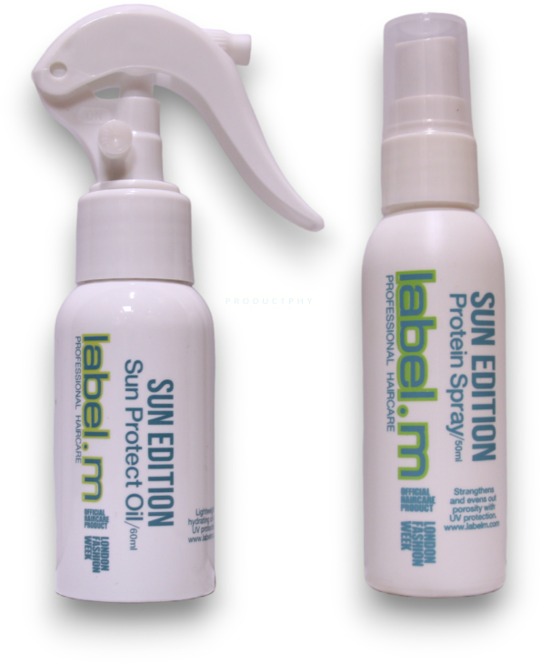 Label.M „Get Wet Sun Edition“ rinkinys. M: „Sun Editon“ UV filtro plaukų lakas stiprinimui, 50 ml + „Sun Editon“ plaukų aliejus su UV filtru, atgaivinantis spindesį ir atkuriantis spindesį, 60 ml + „Sun Editon“ plaukų šampūnas drėkinimui, 60 ml + „Sun Editon“ plaukų šampūnas su UV filtru.