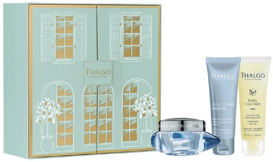 Gift Box Set Thalgo: Eveil à la Mer Valiklis Cleansing Gel For Face, 50 ml + Cold Kreminis Marine Soothing Kreminis For Face, 50 ml + Cold Kreminis Marine Sos Soothing Kreminis Mask For Face, 50 ml