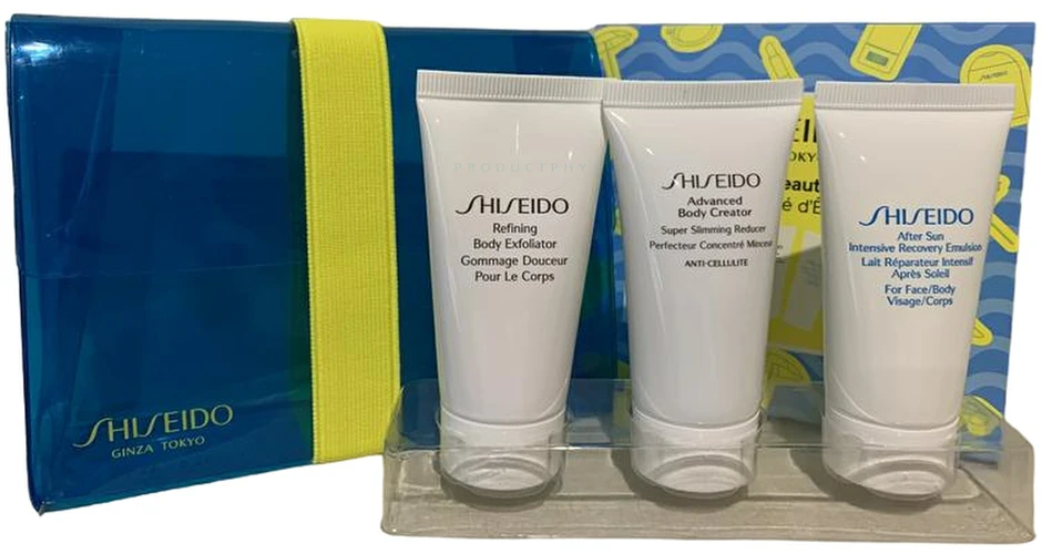 „Ginza Tokyo“ – vasaros grožio rinkinys „Shiseido“: intensyviai atkuriamoji ir atkuriamoji emulsija po saulės, 30 ml + „Advanced Body Creator“ – itin liekninamoji ir atkuriamoji koncentruota priemonė po saulės, 30 ml + drėkinamasis šveičiamasis losjonas, 30 ml