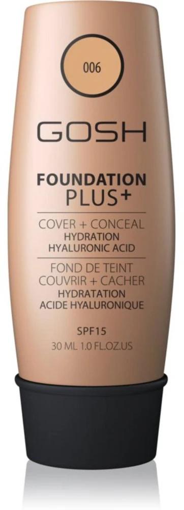 „Gosh Foundation Plus+ Cover & Conceal“ skystas makiažo pagrindas „006 Honey SPF 15“, 30 ml