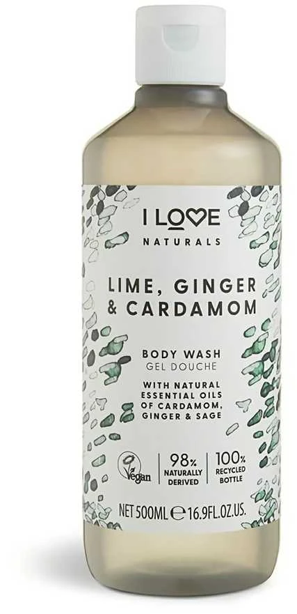 „I Love Naturals Collection“ veganiškas laimo, imbiero ir kardamono drėkinamasis dušo želė visiems odos tipams, 500 ml