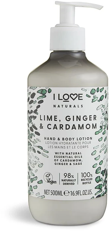 „I Love Naturals Collection“ veganiškas drėkinamasis laimo, imbiero ir kardamono losjonas rankoms ir kūnui, 500 ml
