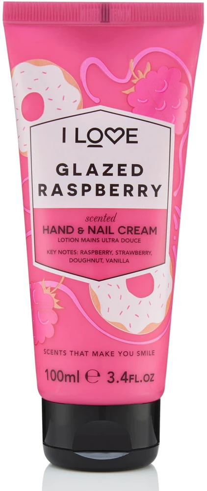 „I Love“ firminė kolekcija, drėkinamasis rankų ir nagų kreminis, glazūruotas aviečių aromatas, 100 ml
