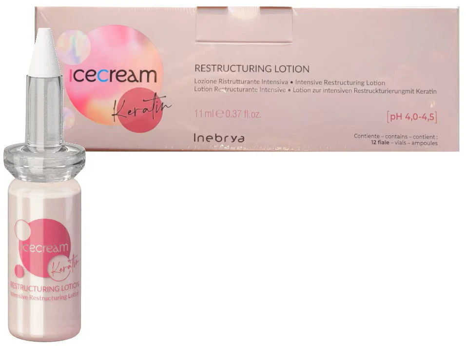 Inebrya Ice Kreminis Keratin Restructuring Lotion intensyvaus poveikio atkuriamasis plaukų losjonas, 12 x 11 ml