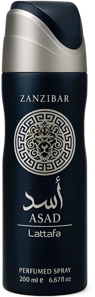 Lattafa Asad Zanzibar dezodorantas su liūto logotipu