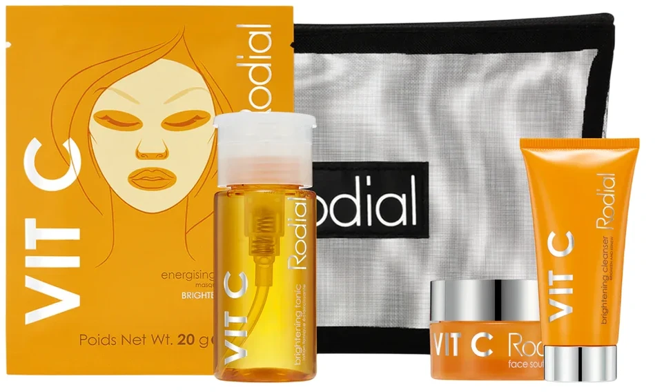 „Little Luxuries“ rinkinys „Rodial“: skaistinamasis veido gelis su vitaminu C, 20 ml + skaistinamoji pudra su vitaminu C, 15 ml + skaistinamasis tonikas su vitaminu C, 100 ml + energizuojanti veido kaukė su vitaminu C, 20 g