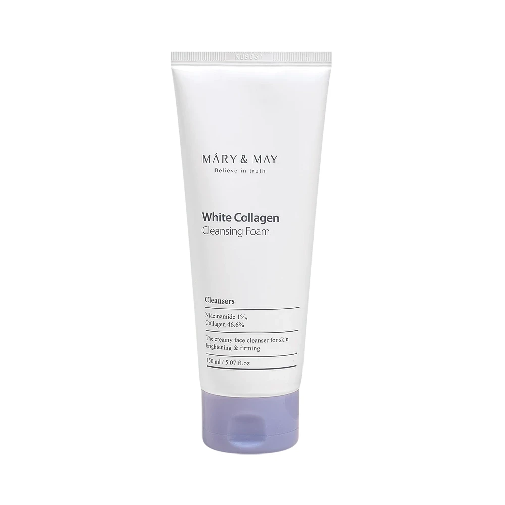 Mary & May Baltas Collagen Cleansing Foam šviesinančios valomosios veido putos, 150 ml