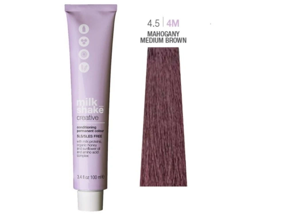 Milk Shake dažų tūbelė ir Mahogany Medium Brown spalvos pavyzdys