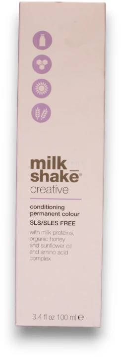 Milk Shake plaukų dažų pakuotė su piktogramų ženklais