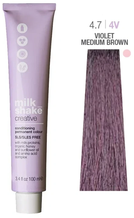 „Milk Shake“ „Milk_Shake“ kūrybiniai permanentiniai dažai 4.7 violetinė vidutinė ruda, 100 ml