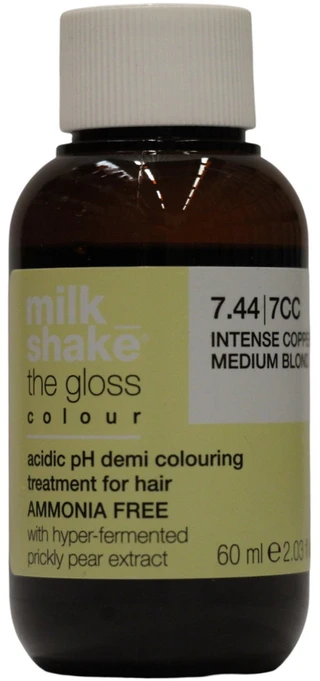 „Milk Shake The Gloss“ rūgštinio pH pusiau permanentiniai plaukų dažai, 7.44 intensyvi vario vidutinė blondinė, 60 ml