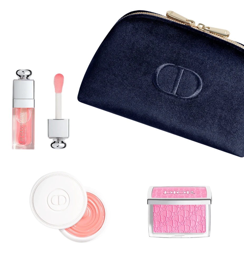 Natural Glow Ritual Set Christian Dior: Backstage Rosy Glow Blush Compact Powder 001 Rožinė 4.6 g + Addict Glossy Lip Oil 001 Rožinė, 6 ml + Abricot Fortifying Nail Kreminis Treatment, 8 g + Textile Makeup Bag Mėlyna