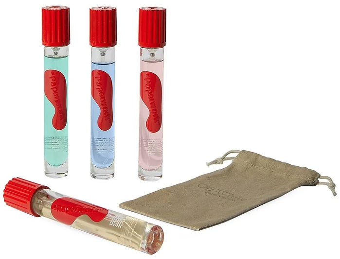 Off White Beveik baltas Off-Baltas rinkinys: tirpalas Nr. 1 Unisex parfumuotas vanduo, 15 ml + tirpalas Nr. 2 EDP Unisex, 15 ml + tirpalas Nr. 3 EDP Unisex, 15 ml + tirpalas Nr. 4 EDP Unisex, 15 ml