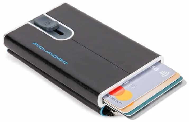Piquadro, Mėlyna Square, Leather Card Holder, Square Sliding System with Zipped Coin Pocket, PP5359B2R-N, Juodas, For Men