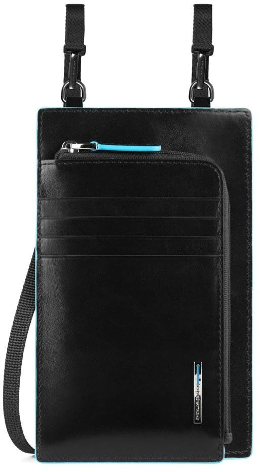 Piquadro, Mėlyna Square, Leather Crossbody Bag, Juodas, 11.5 x 19 x 2 cm, For Men