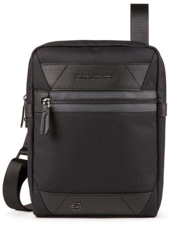 Piquadro, Trakai, Leather - Fabric, Small, Textile Crossbody Bag, Juodas, 27 x 21 x 5 cm, For Men
