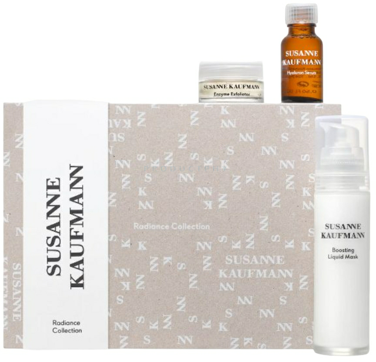 „Radiance Collection“ rinkinys Susanne Kaufmann: veido kaukės ir šveitikliai, senėjimą stabdanti gelinė kaukė be sulfatų, 50 ml + veido kaukės ir šveitikliai, šveičiamasis fermentų valiklis, 15 ml + veido serumai ir aliejai, drėkinamasis hialurono rūgšties serumas veidui, 15 ml