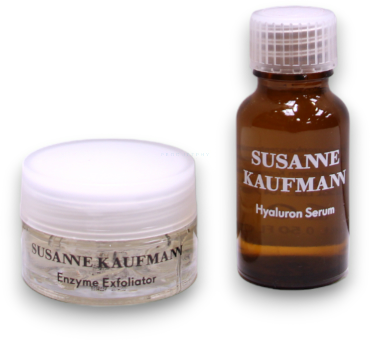 „Radiance Collection“ rinkinys Susanne Kaufmann: veido kaukės ir šveitikliai, senėjimą stabdanti gelinė kaukė be sulfatų, 50 ml + veido kaukės ir šveitikliai, šveičiamasis fermentų valiklis, 15 ml + veido serumai ir aliejai, drėkinamasis hialurono rūgšties serumas veidui, 15 ml