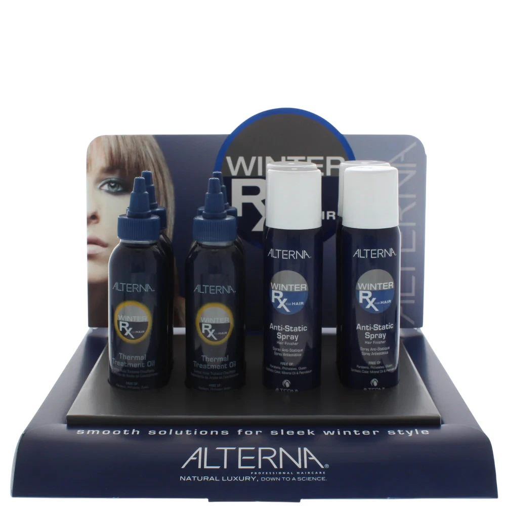 Rinkinys „Alterna“: „Winter Rx Plaukų lakas“ priemonė nuo plaukų stagnacijos, 4 vnt., 92 g + „Winter Rx“ plaukų aliejus nuo plaukų stagnacijos, 4 vnt., 100 ml