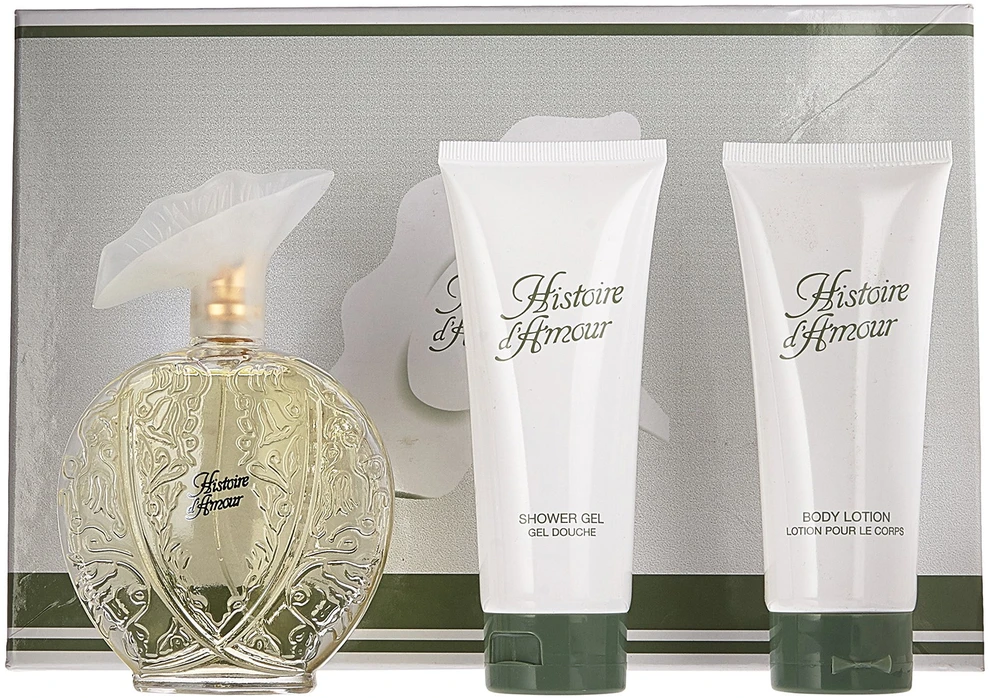 Set Aubusson: Histoire D'amour Eau De Toilette For Women, 100 ml + Histoire D'amour Dušo želė For All Skin Types, 100 ml + Histoire D'amour Moisturising Losjonas kūnui, 100 ml