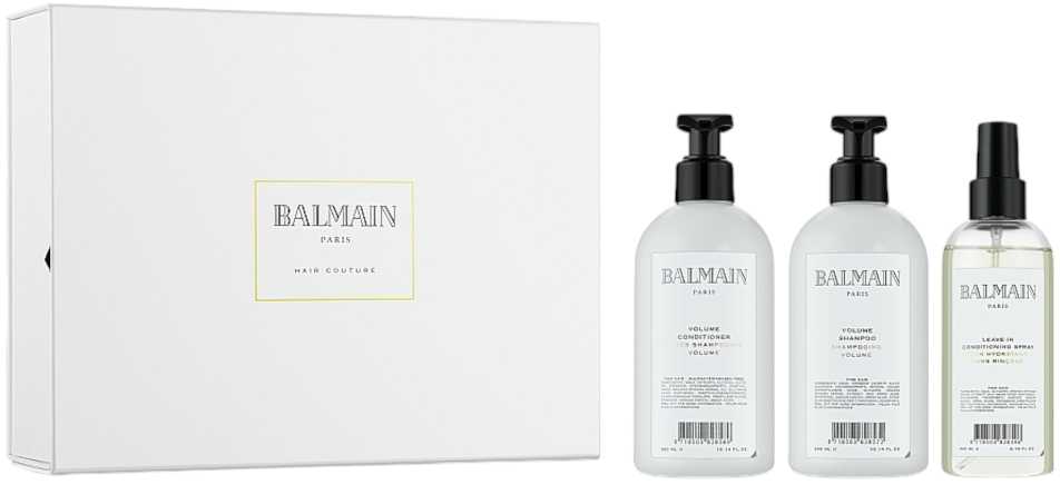 Rinkinys Balmain: Drėkinamasis volume plaukų šampūnas, 300 ml + Drėkinamasis volume plaukų kondicionierius, 300 ml + Volume plaukų lakas kondicionierius, 200 ml + Balmain galvos odai