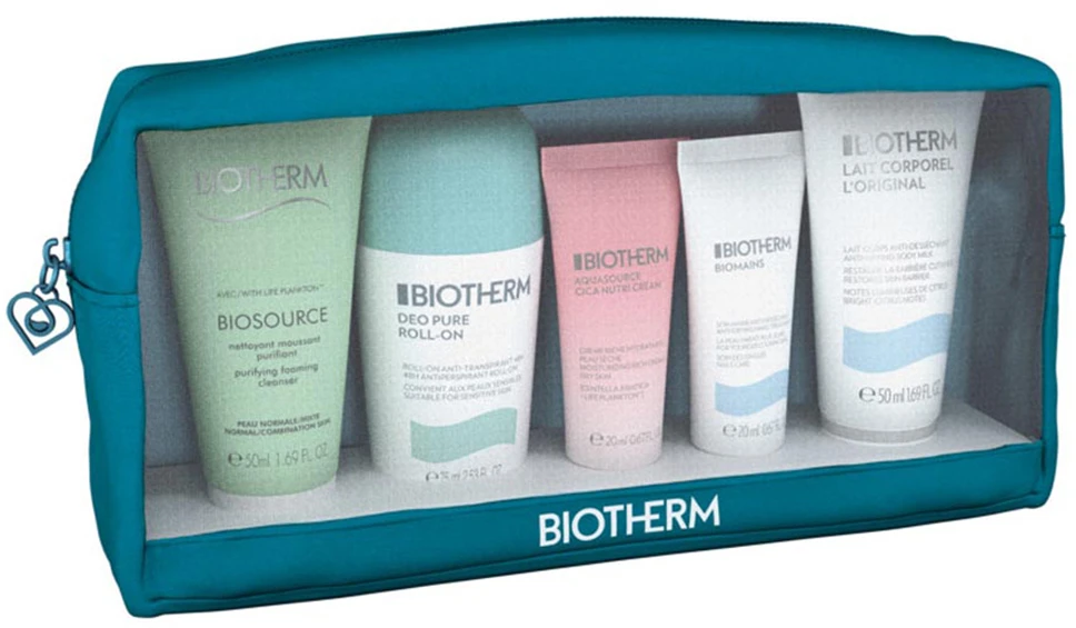 Rinkinys „Biotherm“: „Biotherm Hydrating Body Milk“, 50 ml + „Biosource Eliminates Impurities Cleansing Foam“, 50 ml + „Deo Pure Soothing“ rutulinis dezodorantas moterims, 50 ml + „Biomains Hydrating Hand Kreminis Jasmine“, 20 ml + „Aquasource Cica Nutri Soothing Creminis For Face“