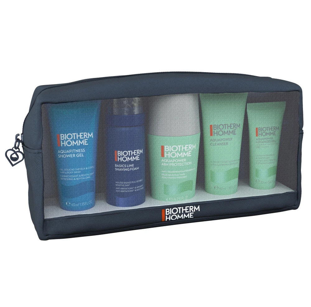 „Biotherm“ rinkinys: vyrams, skutimosi putos, 50 ml + „Aquapower“, šalina nešvarumus, valomasis gelis, veidui, 40 ml + „Aquafitness“, dušo želė, 40 ml + „Aquapower“, vėsinantis, gaivinantis, rutulinis dezodorantas, vyrams, 75 ml + „Aquapower“, drėkinamasis, rytinis, gelis, veidui
