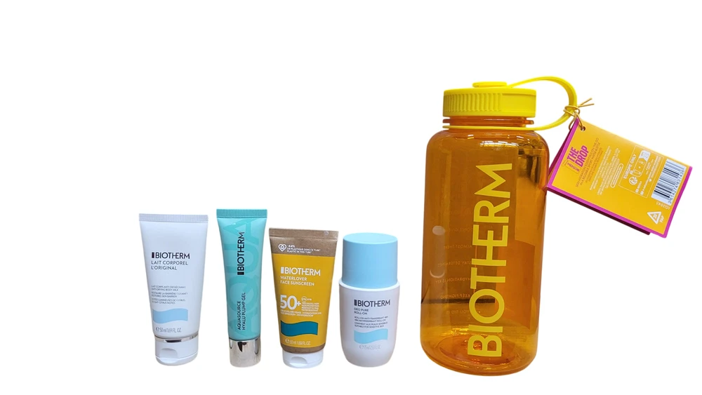 Biotherm rinkinys: Lait Corporel Anti-Dryness kūno pienas, 50 ml + Deo Pure 72h apsaugos dezodorantas roll-on moterims, 75 ml + Waterlover anti-aging apsauginis nuo saulės kremas veidui SPF 50+, 50 ml + Aquasource Hyalu Plump drėkinamasis kasdienis gelis-kremas veidui, 20 ml +
