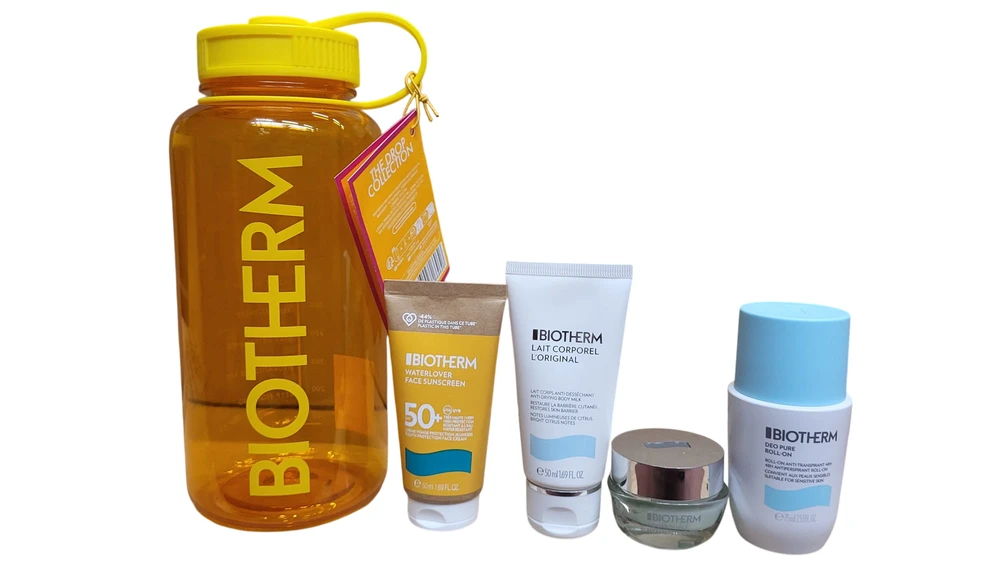 Set Biotherm: Lait Corporel Anti-Dryness Body Milk, 50 ml + Waterlover Anti-Aging Sunscreen Kreminis For Face SPF 50+, 50 ml + Deo Pure 72h Protection Dezodorantas Roll-On For Women, 75 ml + Cera Repair Barrier Repair Kreminis For Face, 15 ml + Biotherm Vanduo Bott