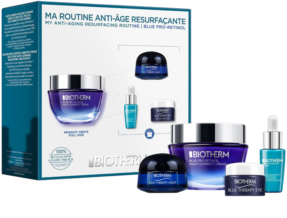 Set Biotherm: Mėlyna Pro-Retinol Multi Correcting Kreminis For Face, 50 ml + Life Plankton Eliksyras Regenerating Day & Night Serum For Face, 7 ml + Mėlyna Therapy Anti-Aging Night Kreminis For Face, 15 ml + Mėlyna Therapy Anti-Ageing Paakių kremas, 15 ml