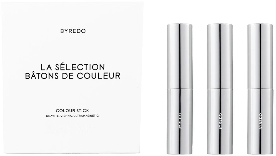 Set Byredo: Colour Stick Multifunctional Eyeshadow Stick Dravite 3.5 g + Colour Stick Multifunctional Eyeshadow Stick Vienna 3.5 g + Colour Stick Multifunctional Eyeshadow Stick 580 Ultramagnetic 3.5 g + Byredo GWP Textile Pouch