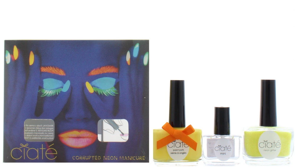 Set Ciate: Paint Pot Top Coat Nagų lakas Juodas Light, 5 ml + Paint Pot Nagų lakas Neon Glitter, 10 g + Paint Pot Nagų lakas Neon Oranžinis 13.5 ml