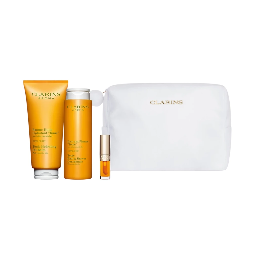 „Clarins“ rinkinys „Clarins“: kvapiųjų, eterinių aliejų, drėkinamasis, kūno aliejus, 200 ml + kvapiųjų, eterinių aliejų, dušo želė, visam kūnui, 200 ml + lūpų kondicionierius, lūpų aliejus, 01, 1,4 ml *Miniatiūrinis + „Clarins“, užsegamas užtrauktuku, GWP tekstilinis maišelis, baltas unisex