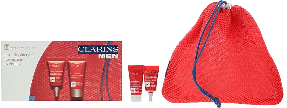 „Clarins“ rinkinys: vyrams skirtas gaivinantis dieninis ir naktinis veido gelis „Raudona Ginseng“ 2 ml *mėginėlis + vyrams skirtas energizuojantis paakių gelis 3 ml