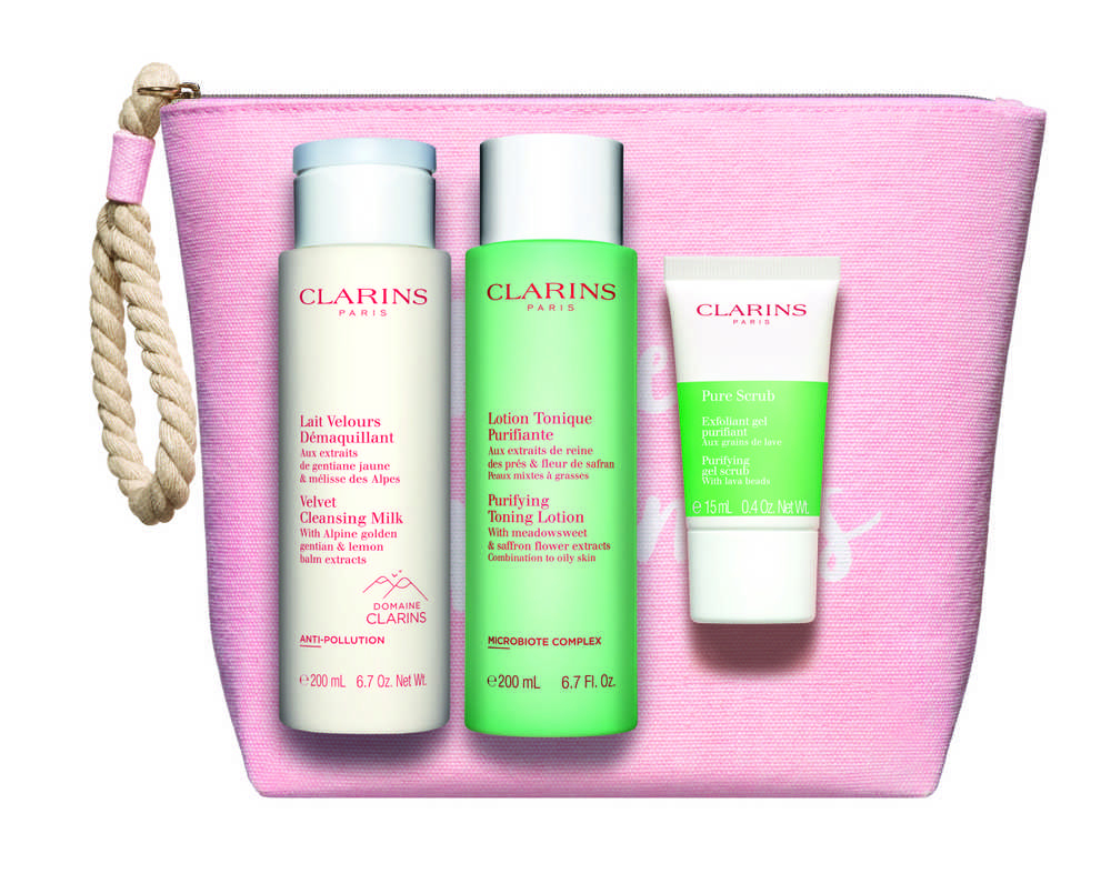 Set Clarins: šveičiamasis šveitiklis Pure Exfoliating Scrub, 15 ml + valomasis pienelis veidui Velourse Anti-Pollution Cleansing Milk, 200 ml + valomasis tonikas be alkoholio veidui Purifying Alcohol-Free Purifying Tonikas Lotion, 200 ml