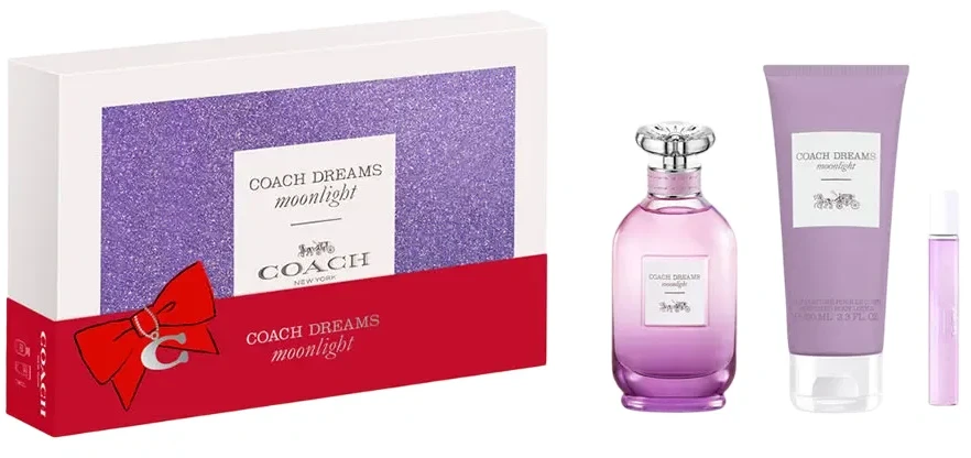 Rinkinys „Coach“: „Dreams Moonlight“ kvepalai moterims, 90 ml + „Dreams Moonlight“ tualetinis vanduo moterims, 15 ml + „Dreams Moonlight“ drėkinamasis kūno losjonas, 100 ml