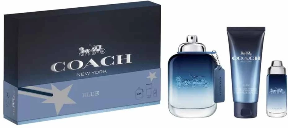 Set Coach: Mėlyna Eau De Toilette For Men, 100 ml + Mėlyna Eau De Toilette For Men, 15 ml + Mėlyna Dušo želė Beard & Hair, 100 ml